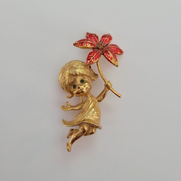 Vintage Gold-Tone Brooch Pin With Enamel Red Flower Gerrys Green Rhinestone Eyes - Picture 1 of 5